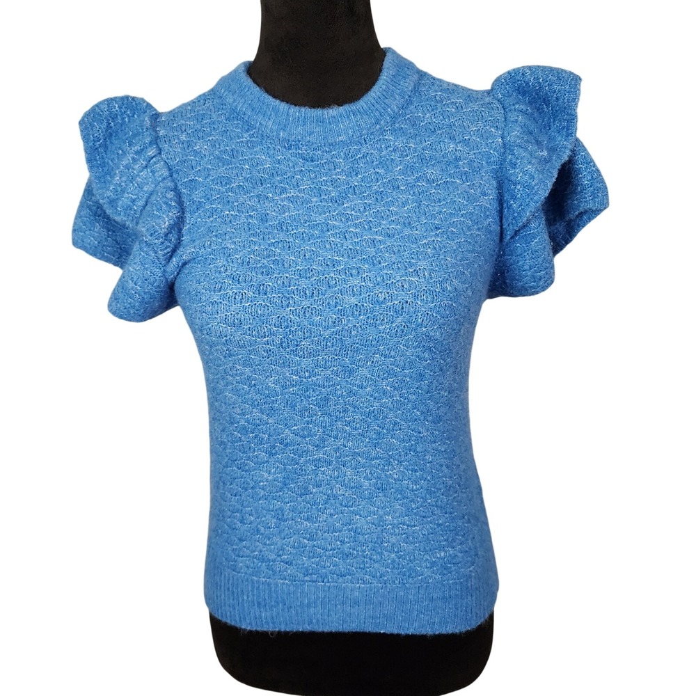 LILLA P Size XS Bold Blue Flutter Sleeve Textured Knit Flirty Crew Neck Sweater